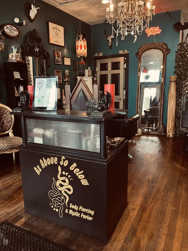 As Above So Below reception desk — Body Piercing & Mystic Parlor, Geneva NY